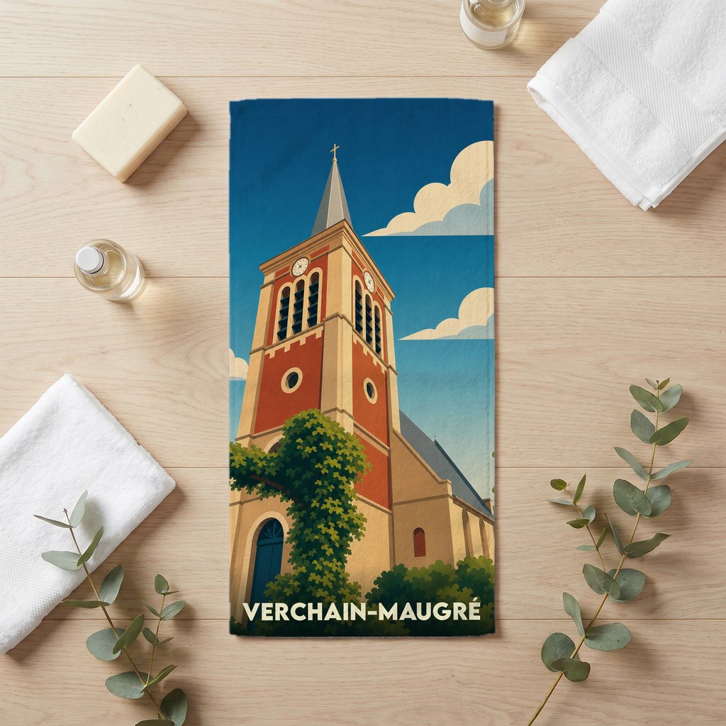 Serviette de bain souvenir de la ville de Verchain-Maugré avec une illustration stylisée de son église.
