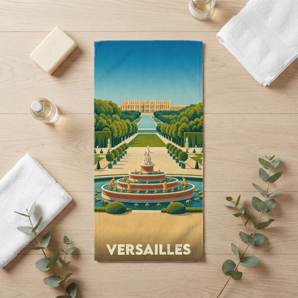 Serviette de bain souvenir de la ville de Versailles avec une illustration stylisée de ses jardins.