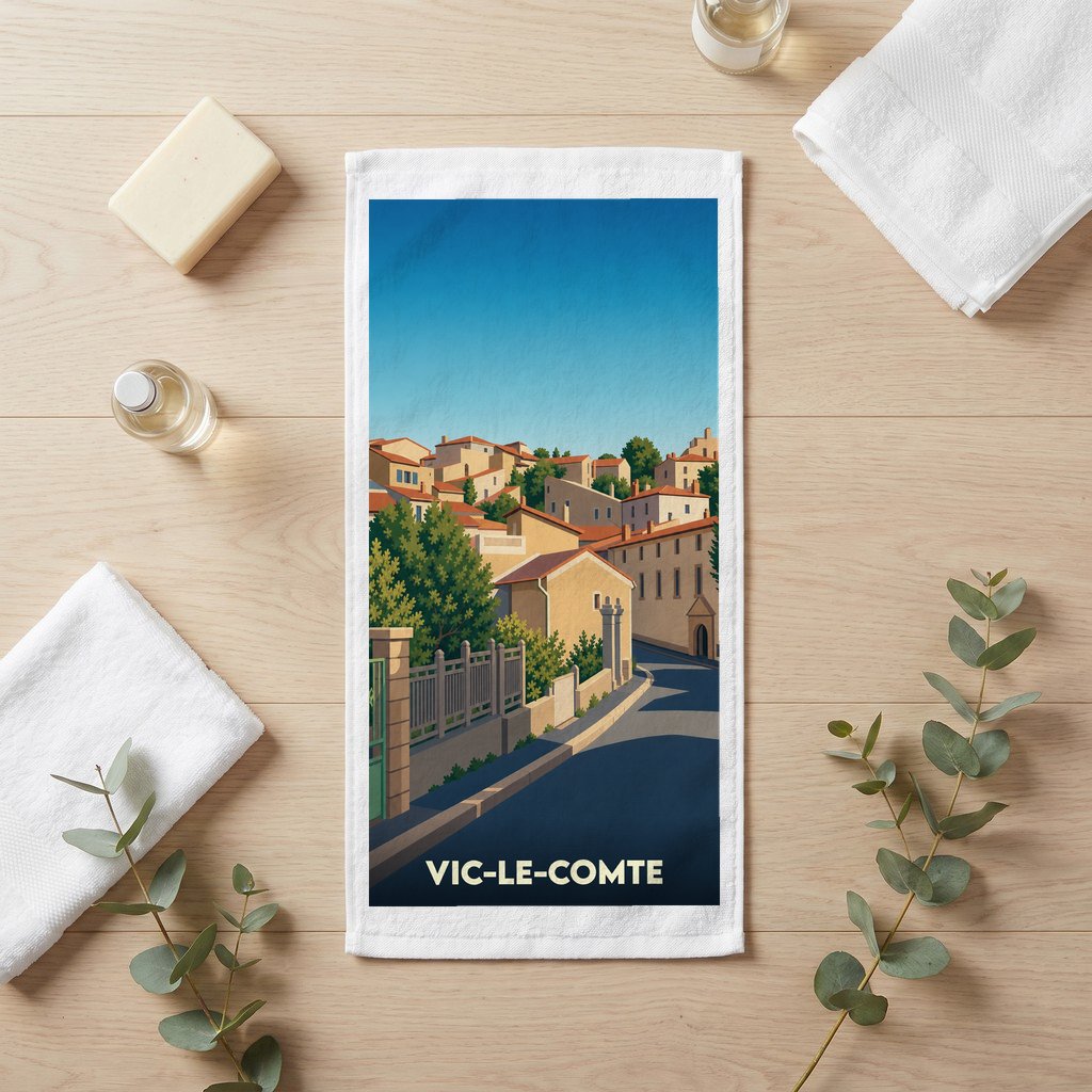 Serviette de bain souvenir de la ville de Vic-le-Comte avec une illustration stylisée.