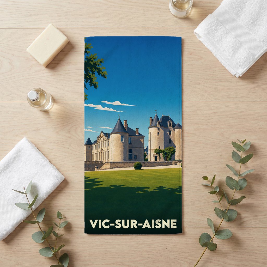 Serviette de bain souvenir de la ville de Vic-sur-Aisne avec une illustration stylisée de son château.