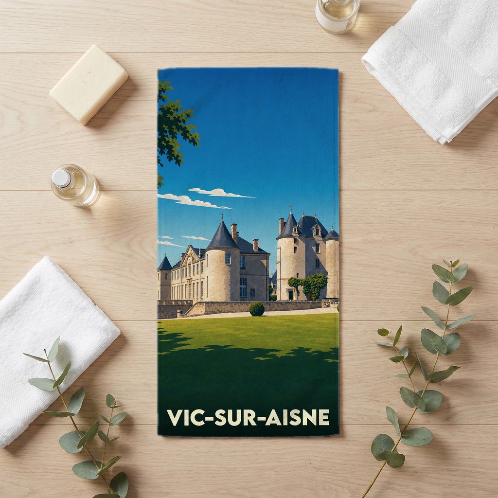 Serviette de bain souvenir de la ville de Vic-sur-Aisne avec une illustration stylisée d'un château.