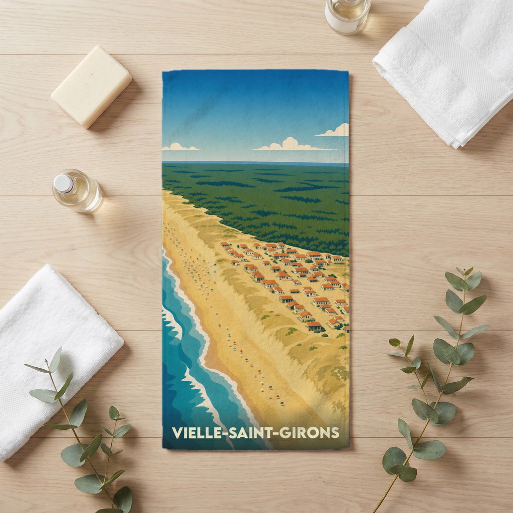 Serviette de bain souvenir de Vielle-Saint-Girons illustrée par une vue aérienne stylisée de la plage et des dunes.