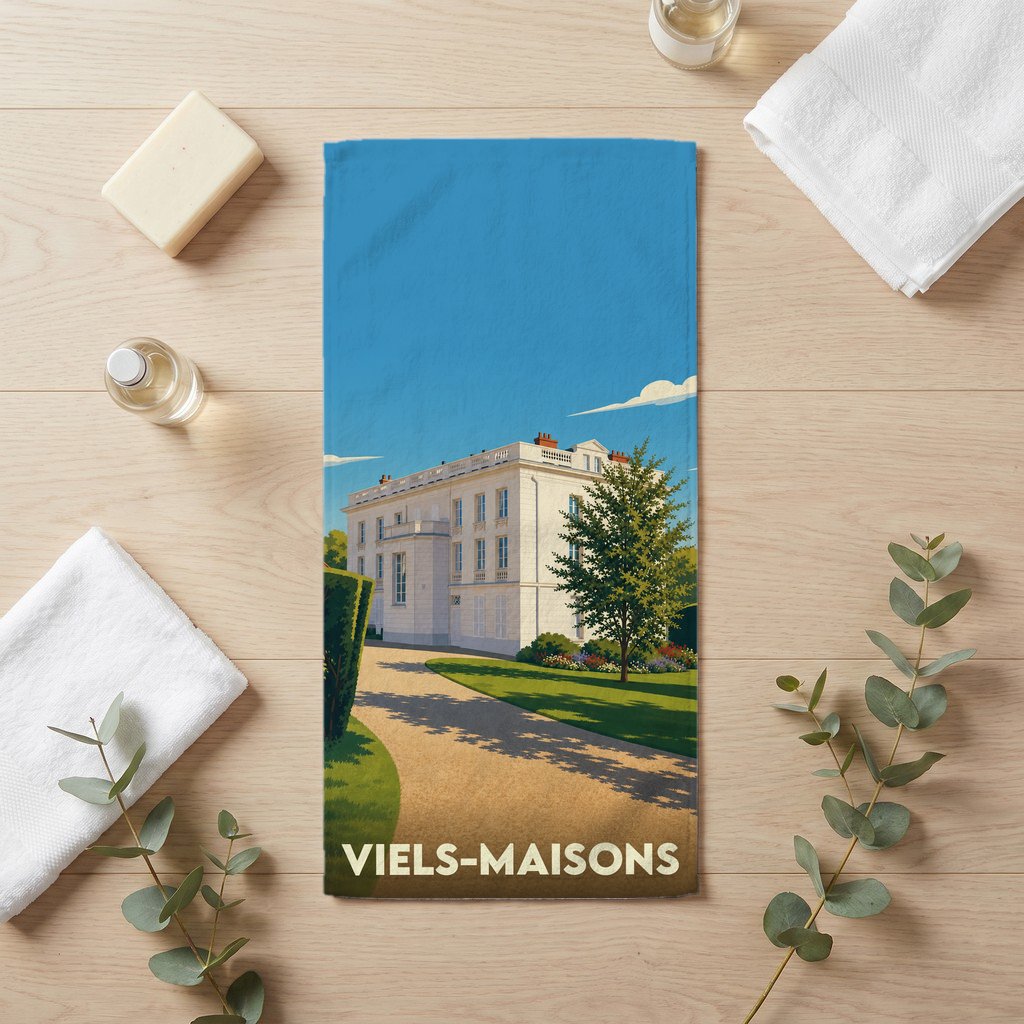 Serviette de bain souvenir de la ville de Viels-Maisons avec une illustration stylisée d'un domaine.