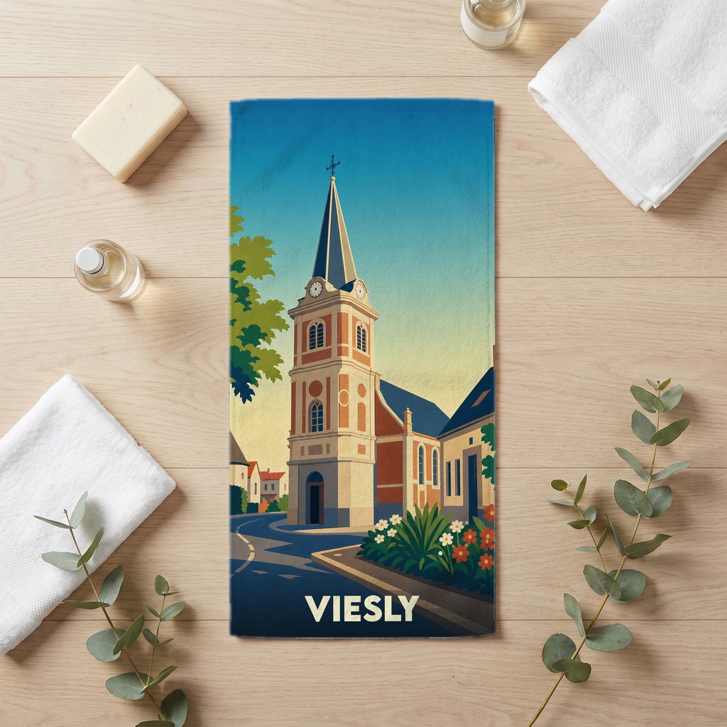 Serviette de bain souvenir de la ville de Viesly avec une illustration stylisée de son église.