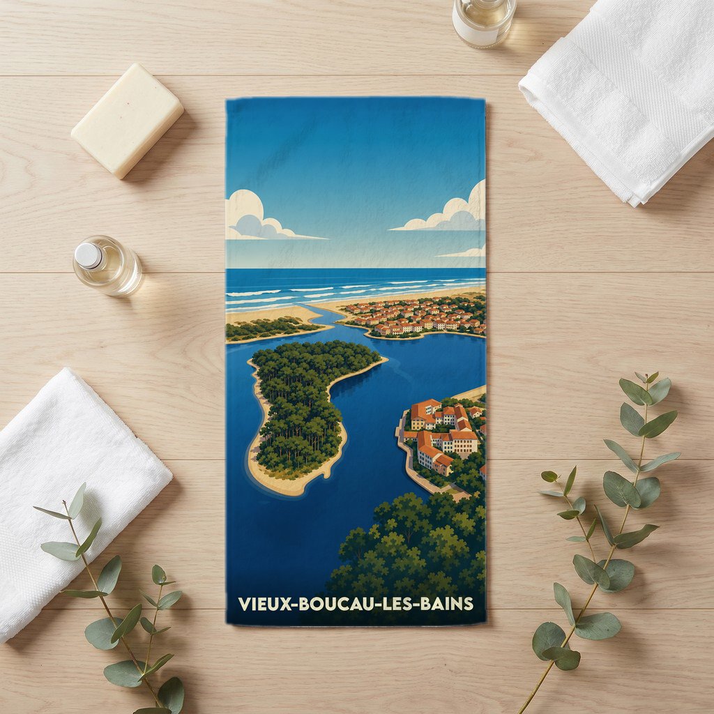 Serviette de bain souvenir de la ville de Vieux-Boucau-les-Bains illustrée d'une vue aérienne stylisée de la côte et de son lac marin.