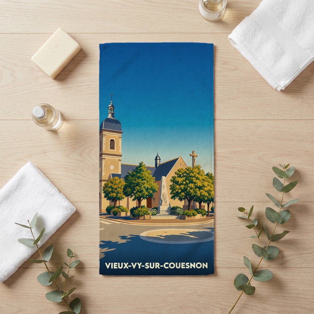Serviette de bain souvenir de la ville de Vieux-Vy-sur-Couesnon avec une illustration stylisée d'une église sous un ciel bleu.