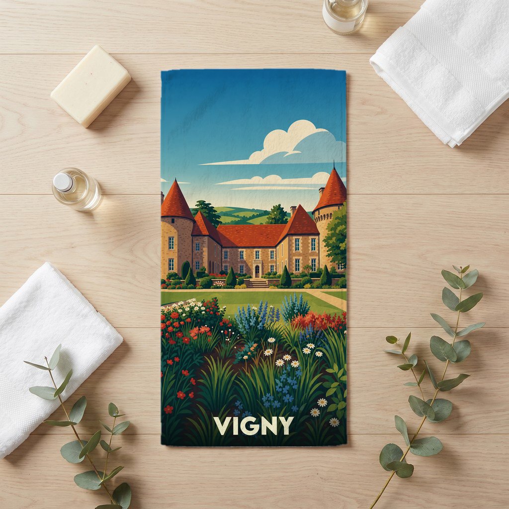 Serviette de bain souvenir de la ville de Vigny illustrée d'un château et de jardins fleuris.