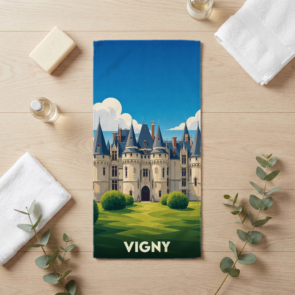 Serviette de bain souvenir de la ville de Vigny avec une illustration stylisée de son château.