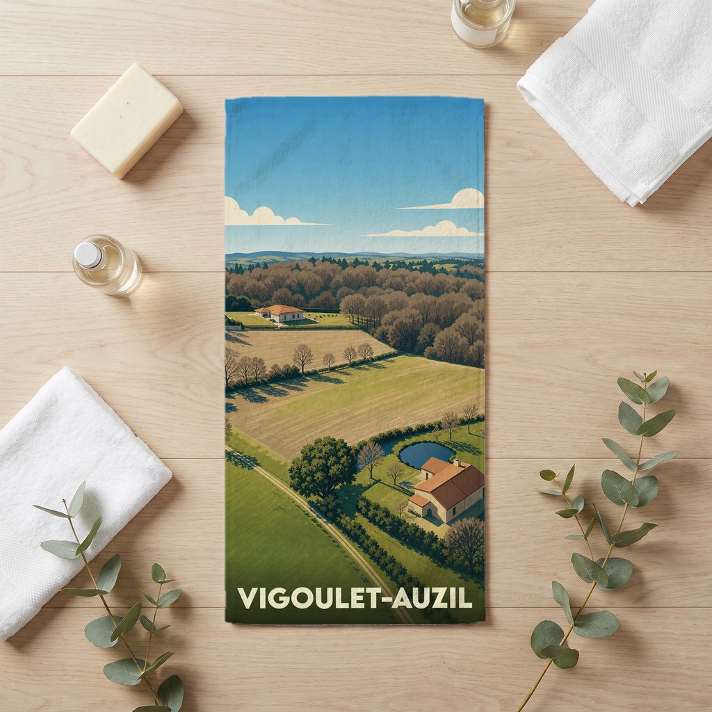 Serviette de bain souvenir de la ville de Vigoulet-Auzil avec une illustration de paysages champêtres.