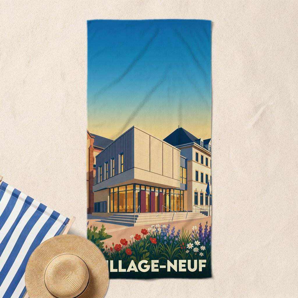 Serviette de bain souvenir de la ville de Village-Neuf illustrée d'un bâtiment moderne et de fleurs colorées dans un style rétro.