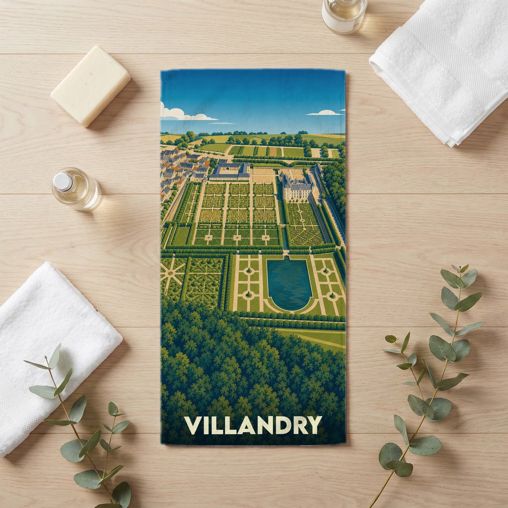 Serviette de bain souvenir de la ville de Villandry illustrée par une vue aérienne stylisée de son château et de ses jardins.