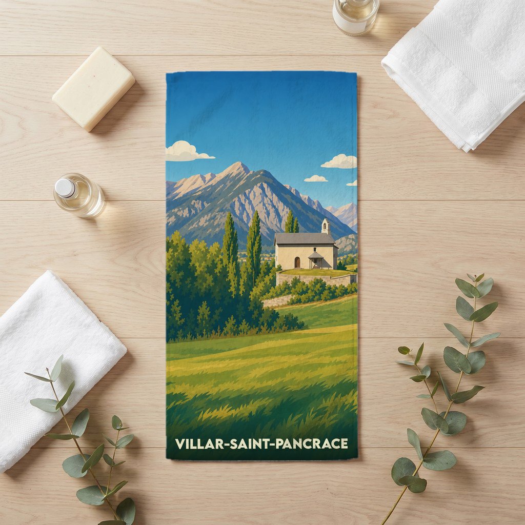 Serviette de bain souvenir de la ville de Villar-Saint-Pancrace avec une illustration de paysage montagneux.