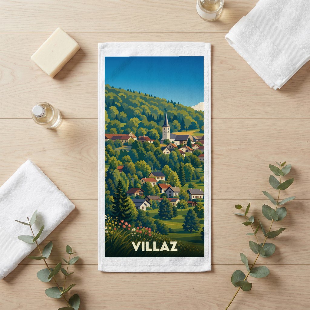 Serviette de bain souvenir de la ville de Villaz avec une illustration de paysage de montagne stylisée.