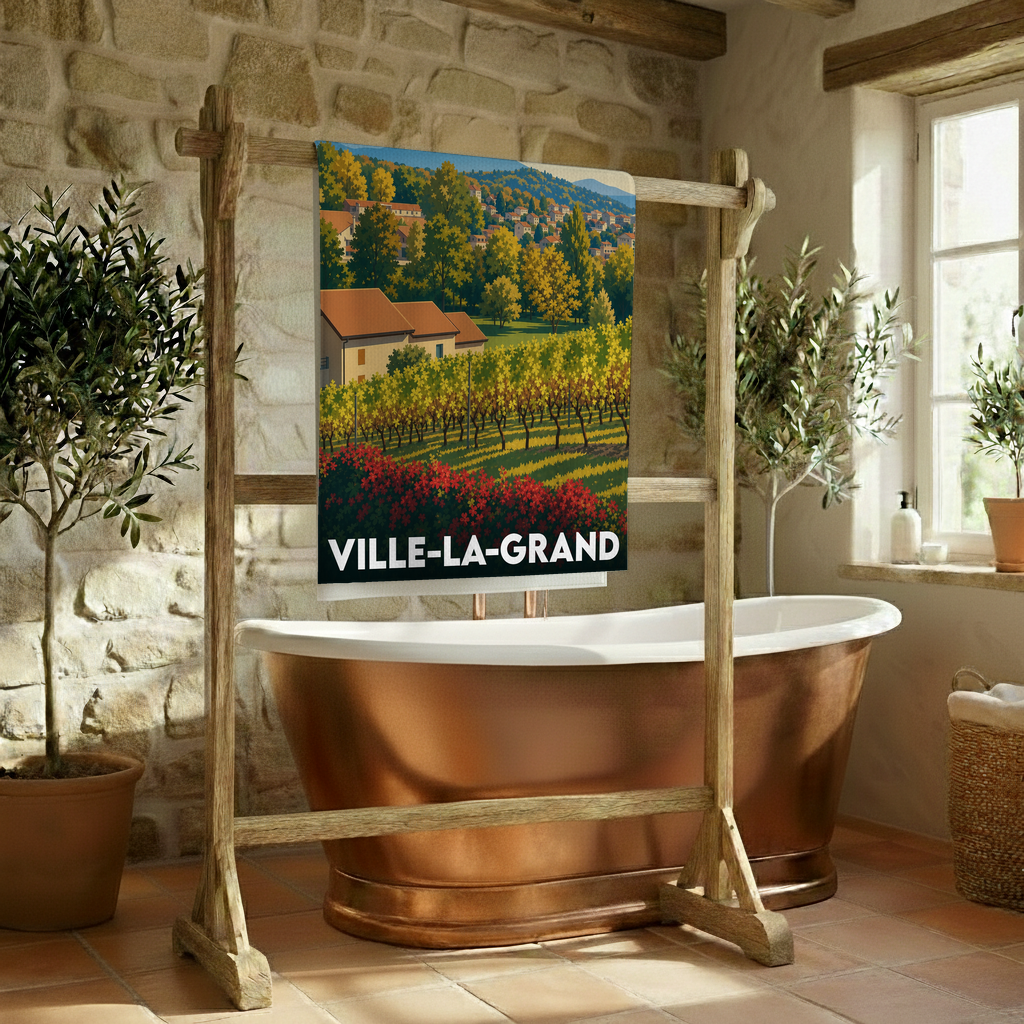 Serviette de bain souvenir de la ville de Ville-la-Grand avec une illustration stylisée de paysages vallonnés.