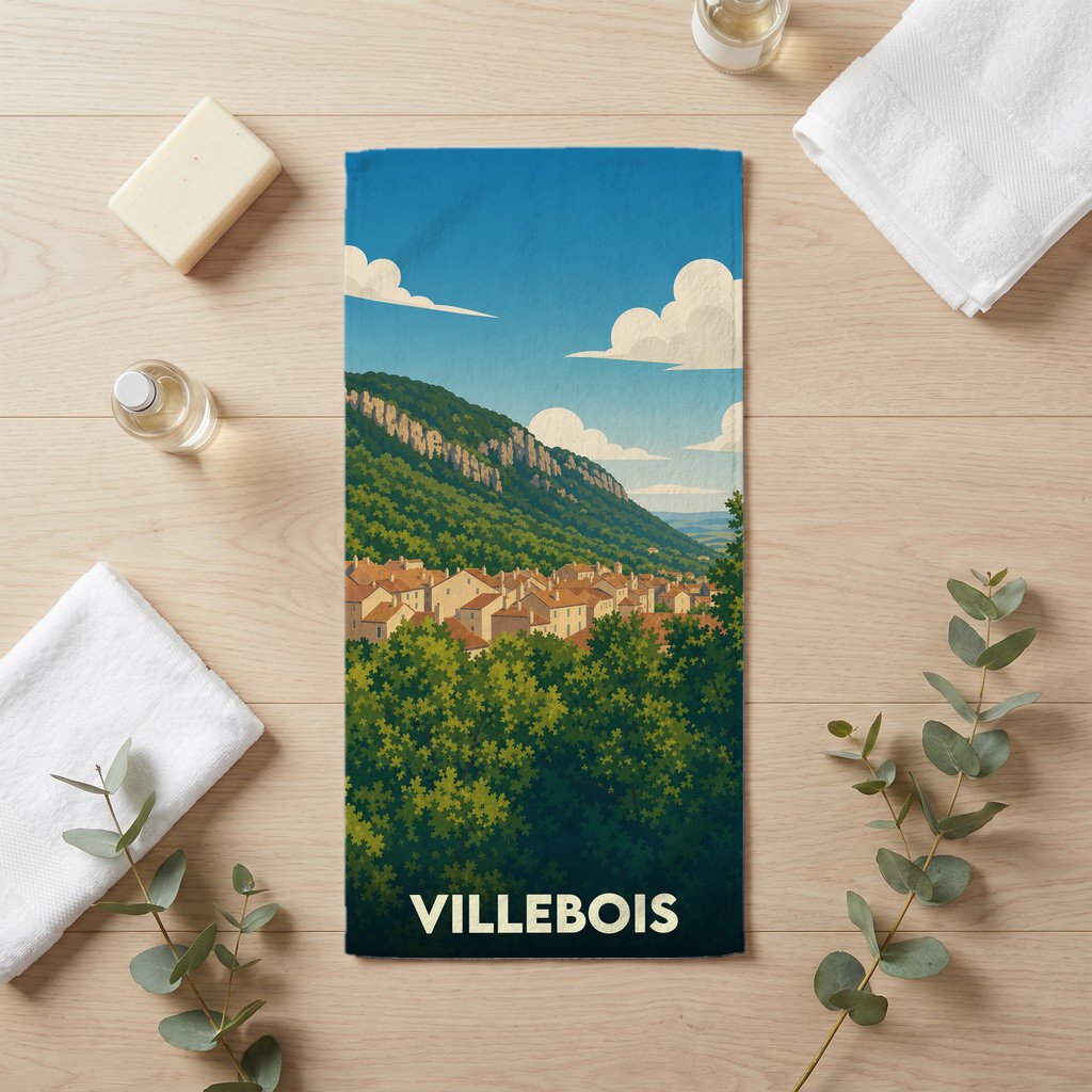 Serviette de bain souvenir de la ville de Villebois avec une illustration stylisée de son paysage.
