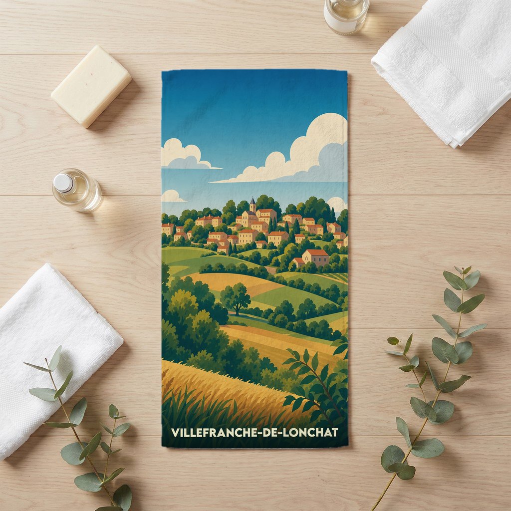 Serviette de bain souvenir de Villefranche-de-Lonchat avec une illustration de paysage champêtre.