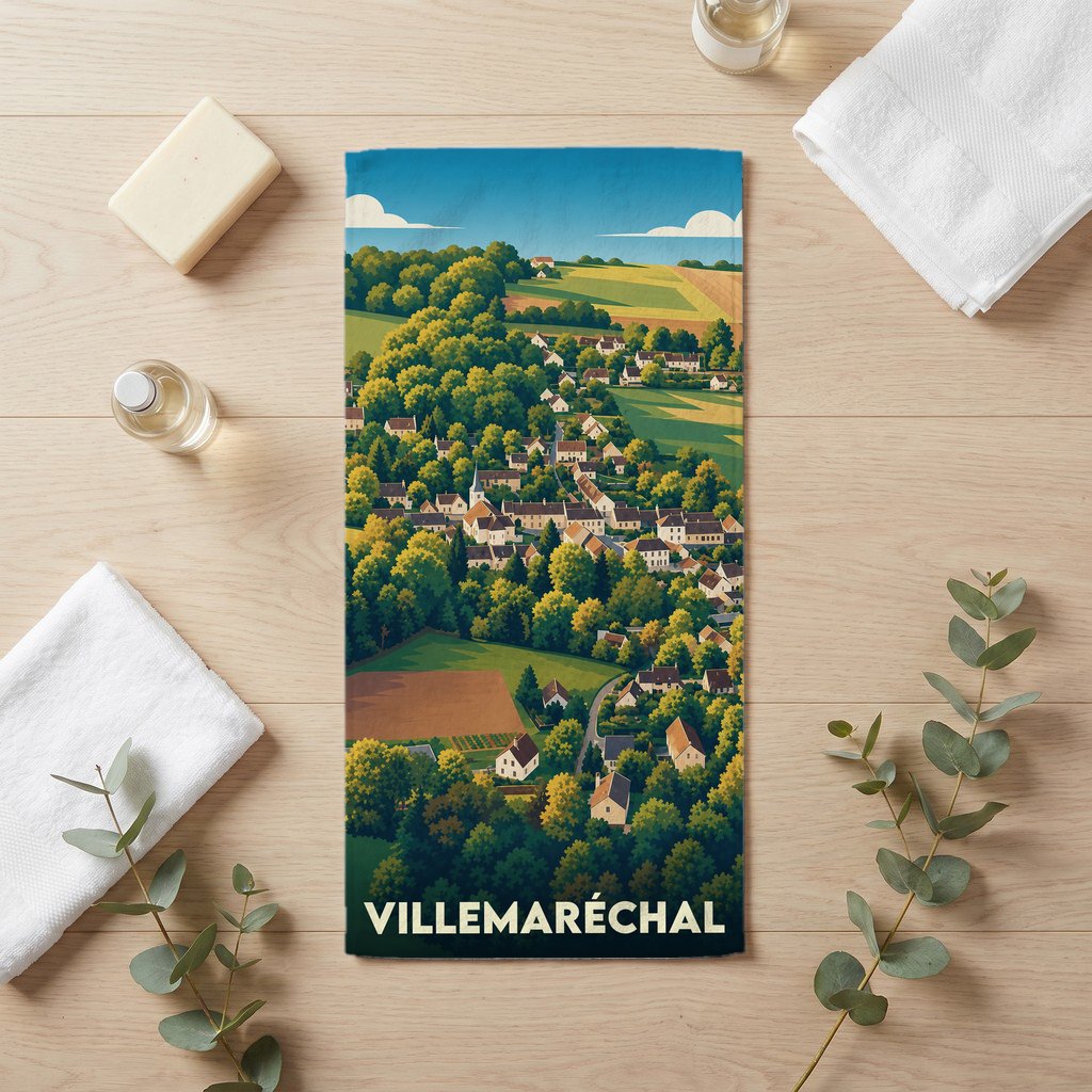 Serviette de bain souvenir de Villemaréchal avec une illustration stylisée d'un village niché dans une vallée verdoyante.