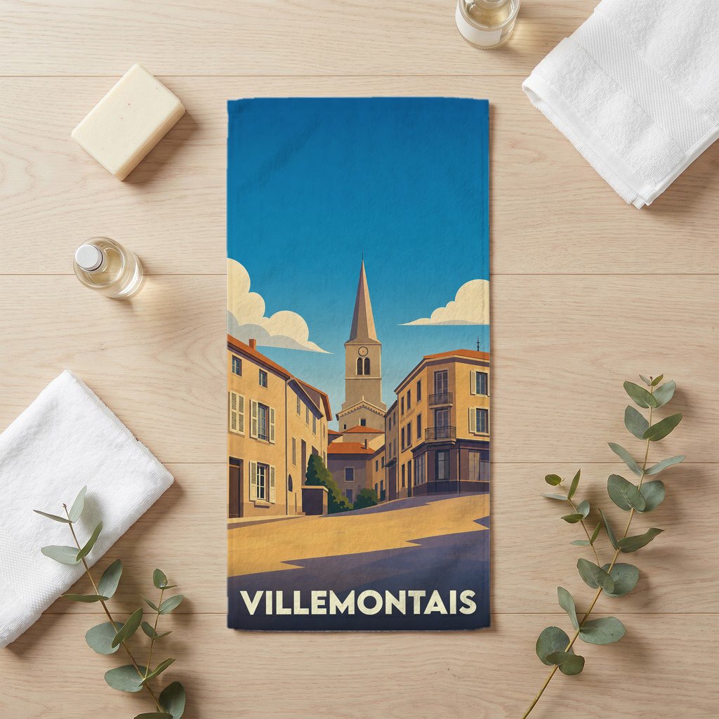 Serviette de bain souvenir de la ville de Villemontais avec une illustration stylisée.