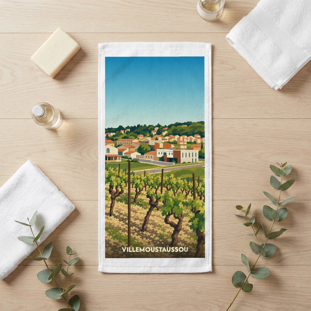 Serviette de bain souvenir de la ville de Villemoustaussou avec une illustration stylisée d'un vignoble.