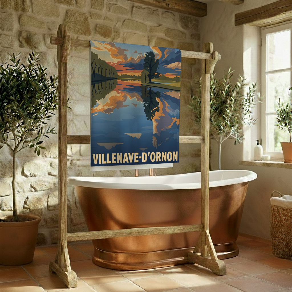 Serviette de bain souvenir de la ville de Villenave-d'Ornon avec une illustration de paysage stylisée.