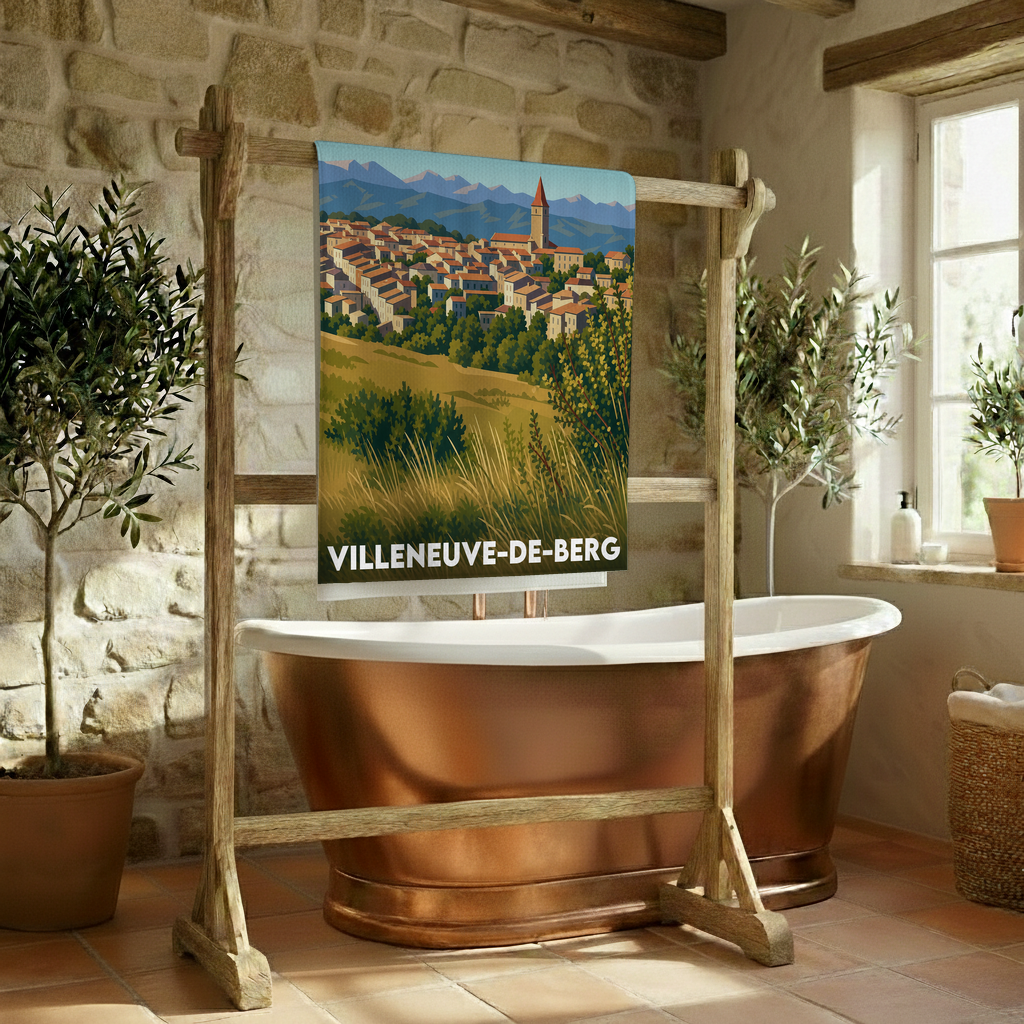 Serviette de bain souvenir de la ville de Villeneuve-de-Berg avec une illustration stylisée.