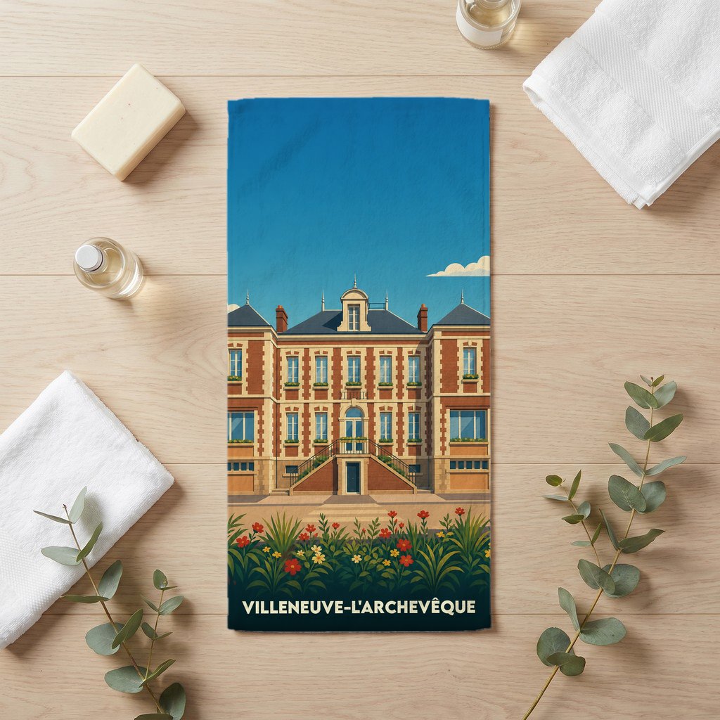 Serviette de bain souvenir de Villeneuve-l'Archevêque illustrée d'un bâtiment historique au style graphique épuré.