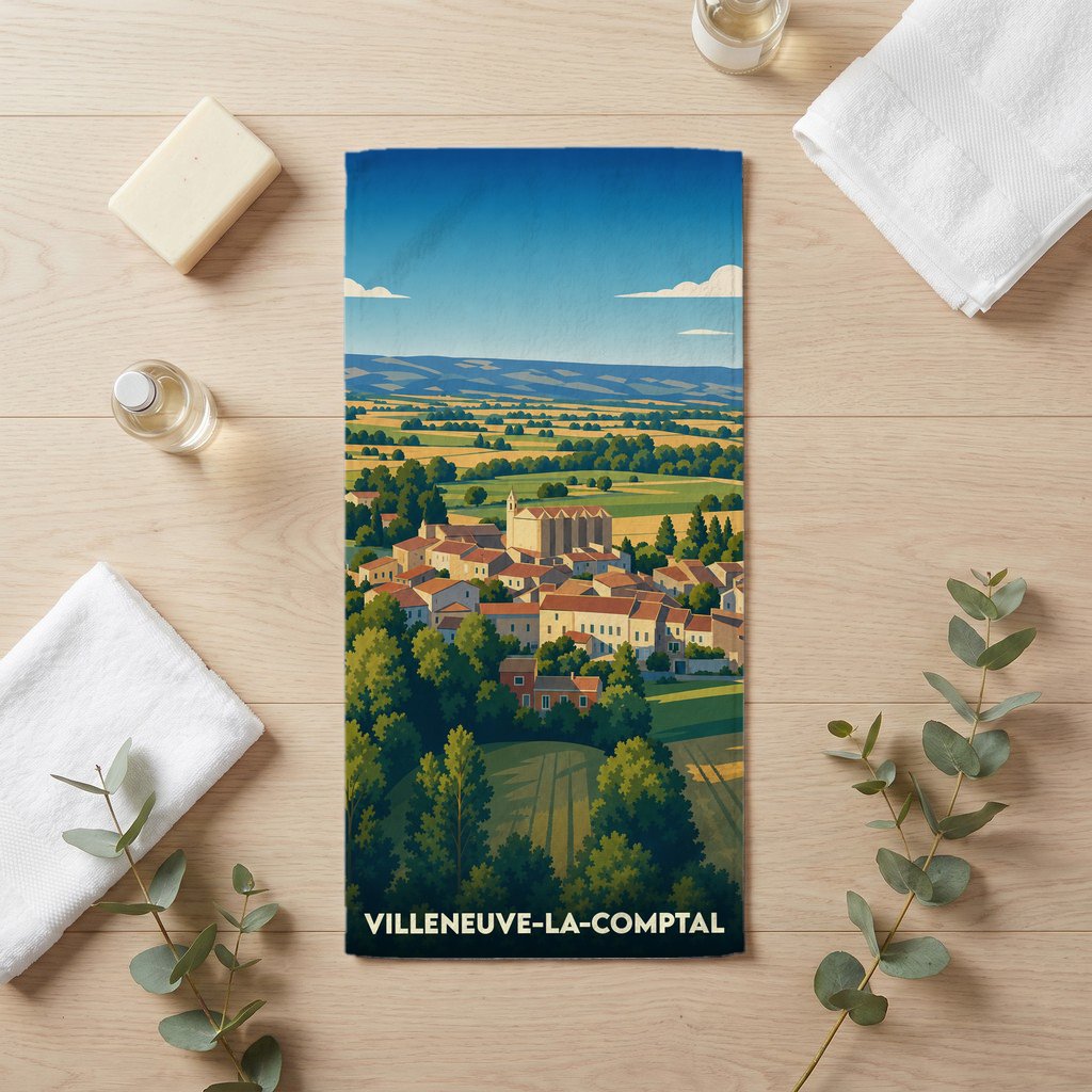 Serviette de bain souvenir de Villeneuve-la-Comptal avec une illustration de paysage champêtre stylisé.