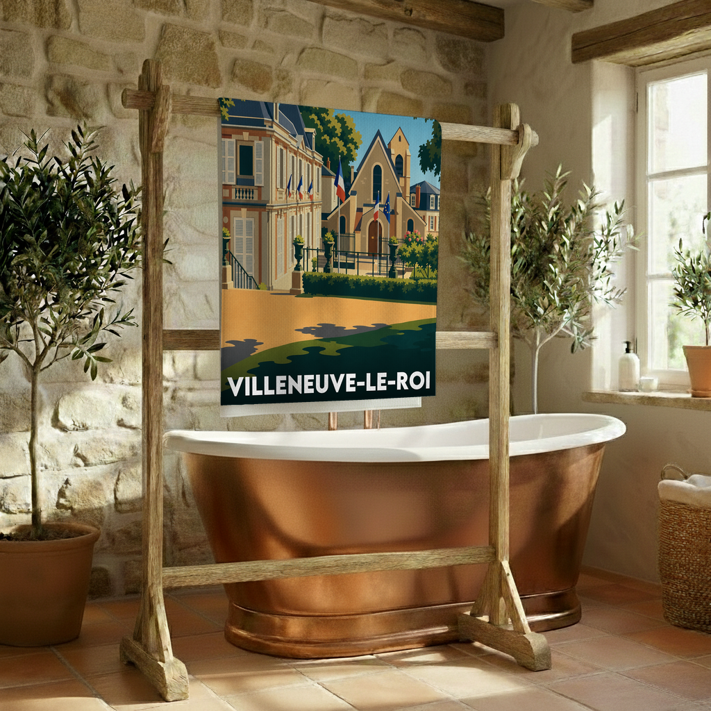 Serviette de bain souvenir de la ville de Villeneuve-le-Roi avec une illustration stylisée.