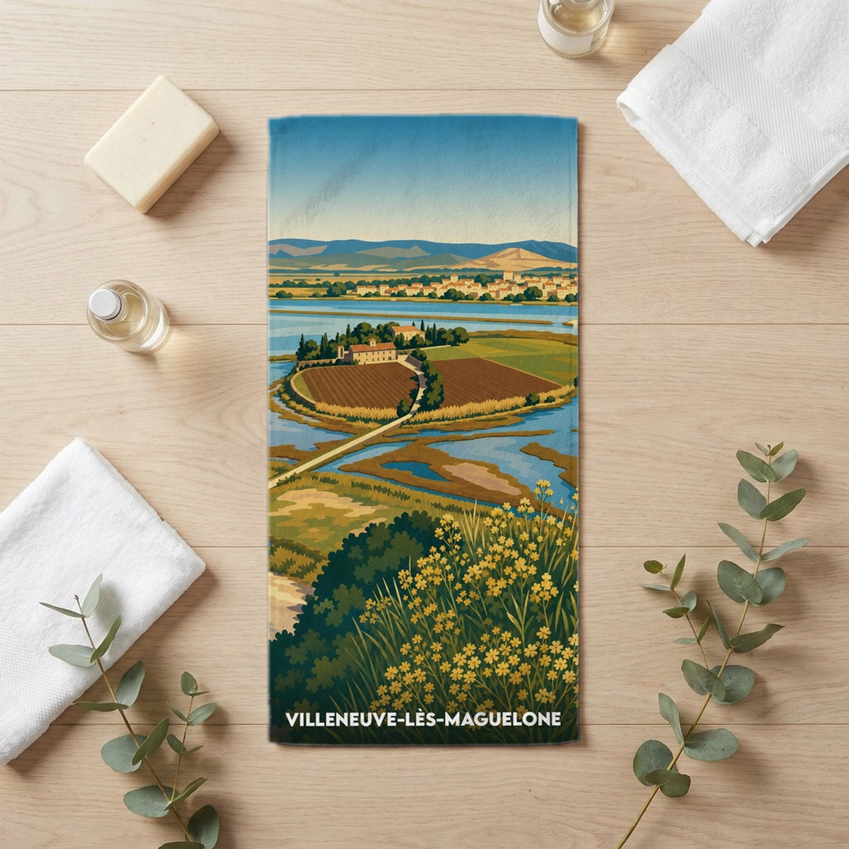 Serviette de bain 30 cm x 60 cm souvenir de Villeneuve-lès-Maguelone