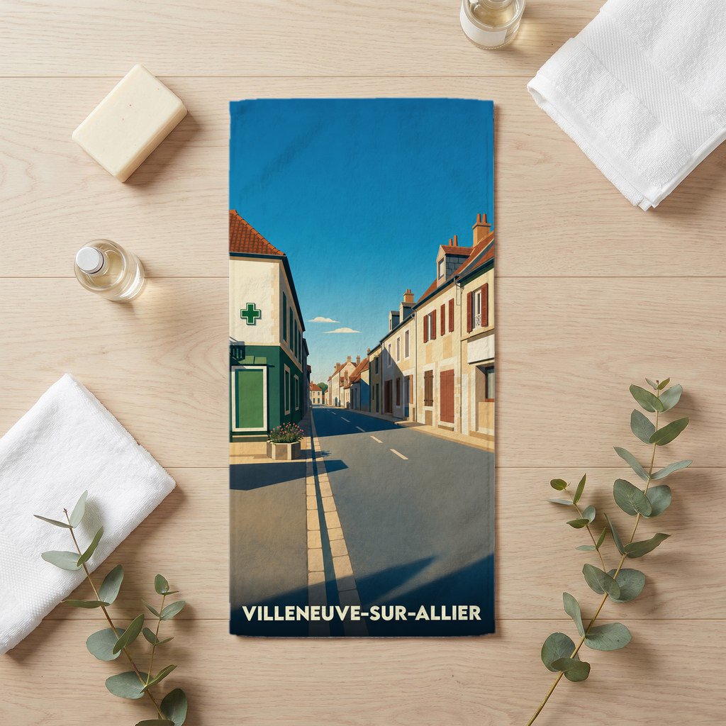 Serviette de bain souvenir de Villeneuve-sur-Allier ornée d'une illustration stylisée d'une rue du village.