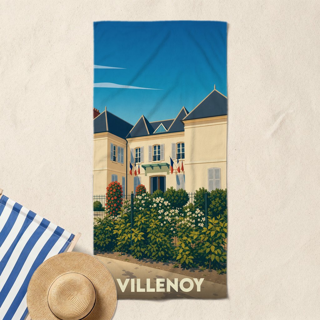 Serviette de bain souvenir de la ville de Villenoy avec une illustration stylisée de la mairie.