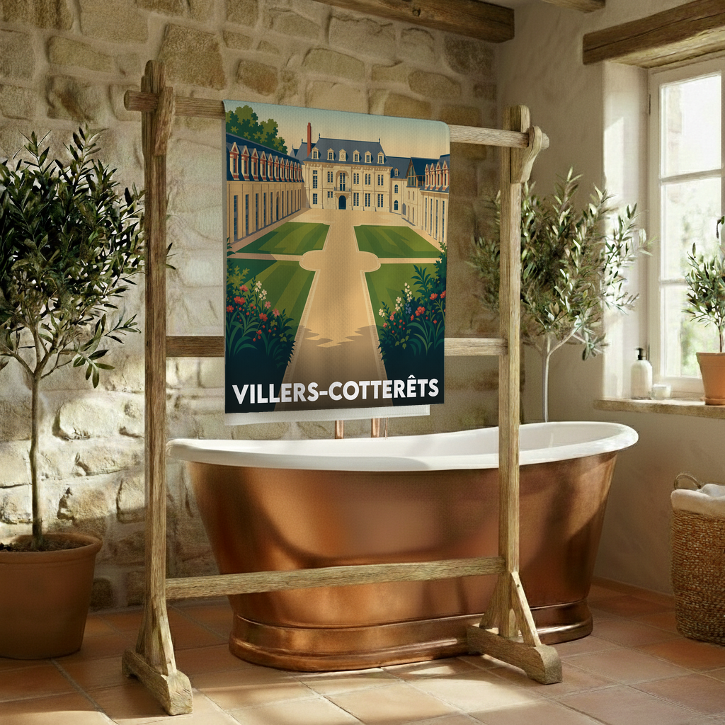 Serviette de bain souvenir de la ville de Villers-Cotterêts avec une illustration stylisée de son château.