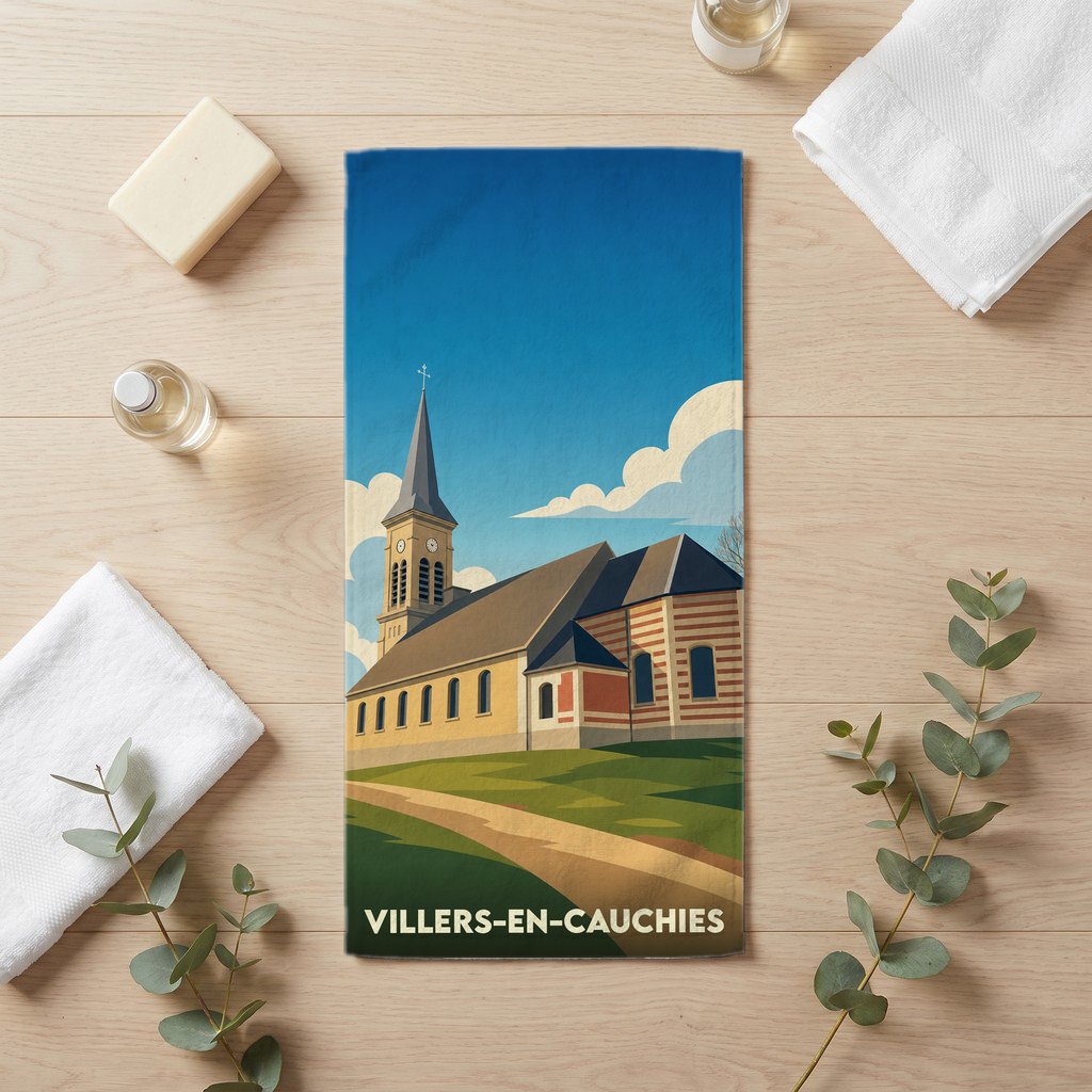 Serviette de bain souvenir de la ville de Villers-en-Cauchies avec une illustration stylisée de son église.