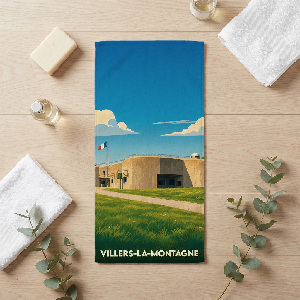 Serviette de bain souvenir de Villers-la-Montagne illustrant un ouvrage de la ligne Maginot sous un ciel bleu.