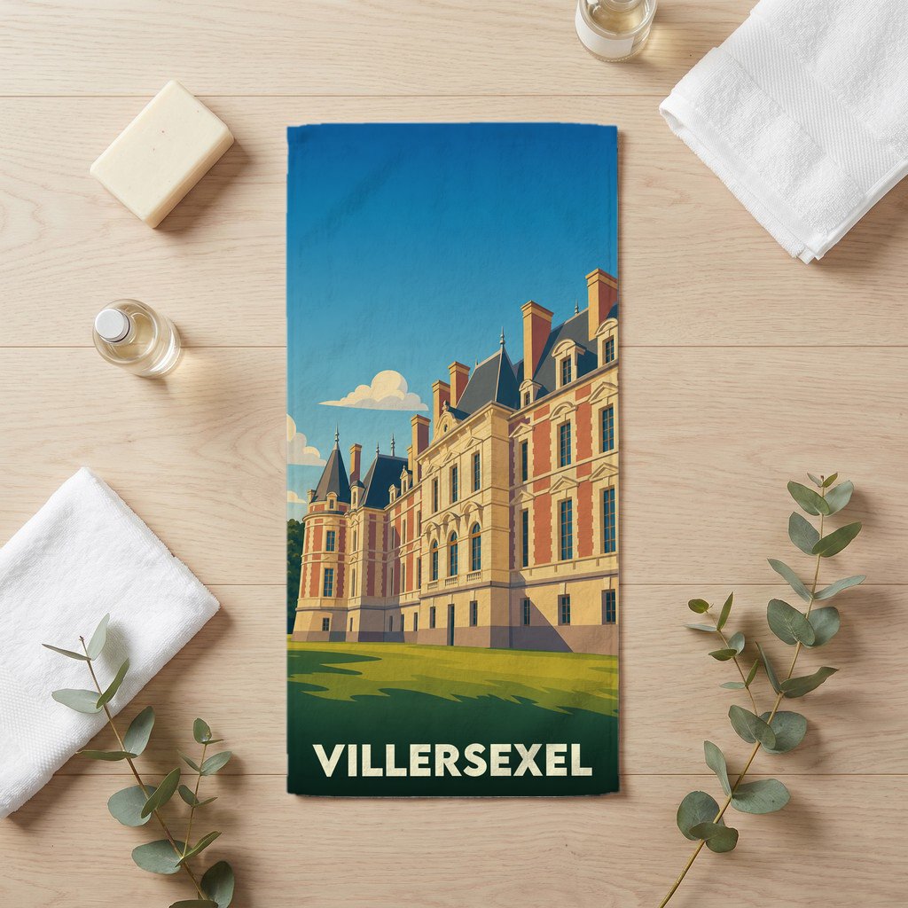 Serviette de bain souvenir de la ville de Villersexel ornée d'une illustration stylisée de son château.