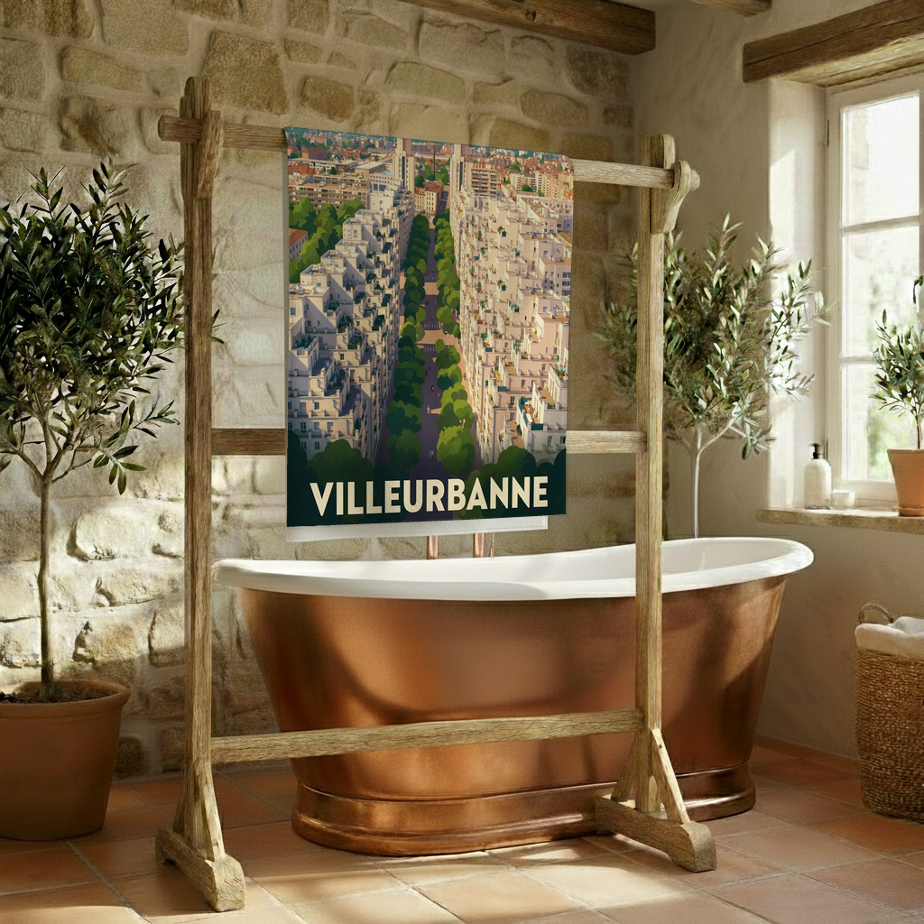Serviette de bain souvenir de la ville de Villeurbanne avec une illustration stylisée.
