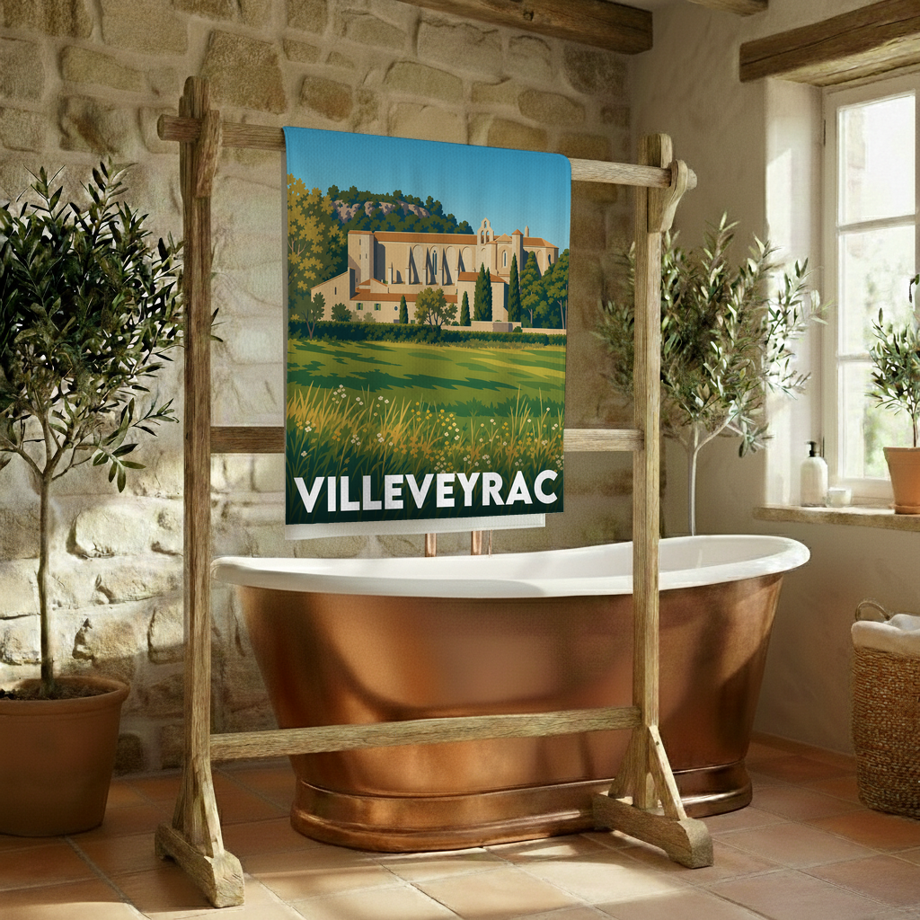 Serviette de bain souvenir de la ville de Villeveyrac avec une illustration stylisée.