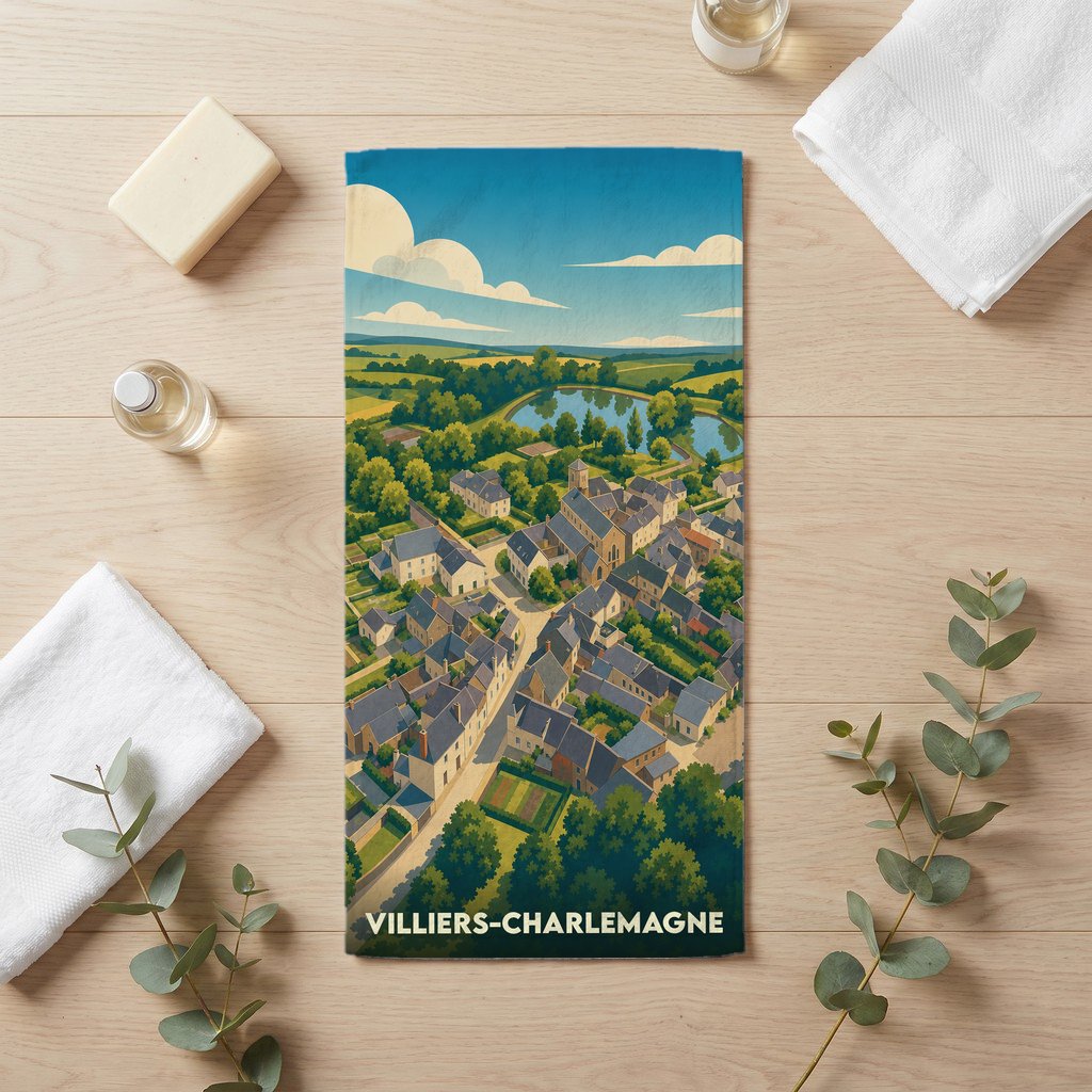 Serviette de bain souvenir de la ville de Villiers-Charlemagne avec une illustration stylisée d'une vue aérienne du village.