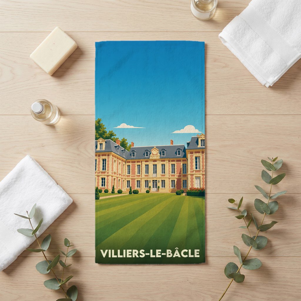 Serviette de bain souvenir de Villiers-le-Bâcle illustrée par un château de style classique sur une pelouse verdoyante.
