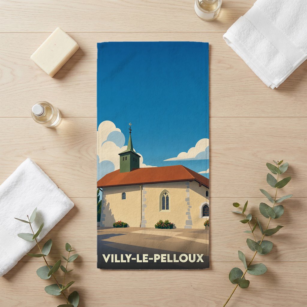 Serviette de bain souvenir de la ville de Villy-le-Pelloux avec une illustration stylisée de son église.