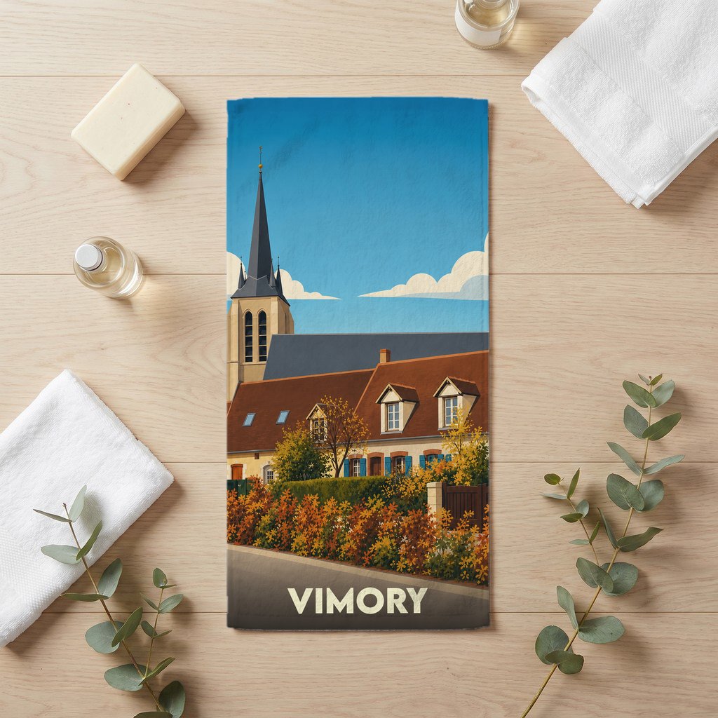 Serviette de bain souvenir de la ville de Vimory avec une illustration stylisée.