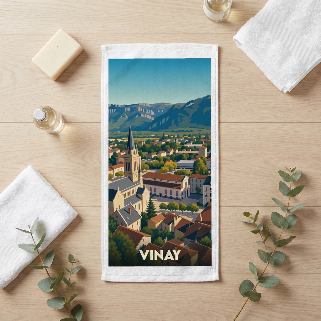 Serviette de bain souvenir de la ville de Vinay avec une illustration stylisée.