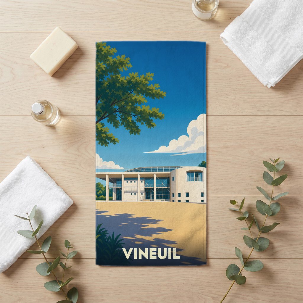 Serviette de bain souvenir de la ville de Vineuil avec une illustration stylisée.