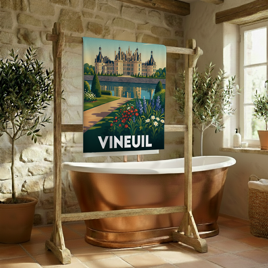 Serviette de bain souvenir de la ville de Vineuil avec une illustration stylisée d'un château.