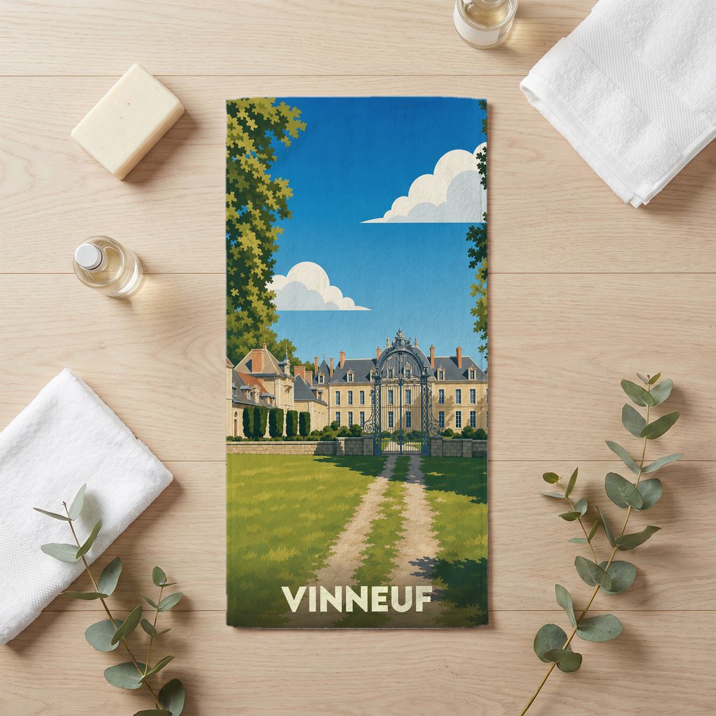 Serviette de bain souvenir de la ville de Vinneuf avec une illustration stylisée d'un château.
