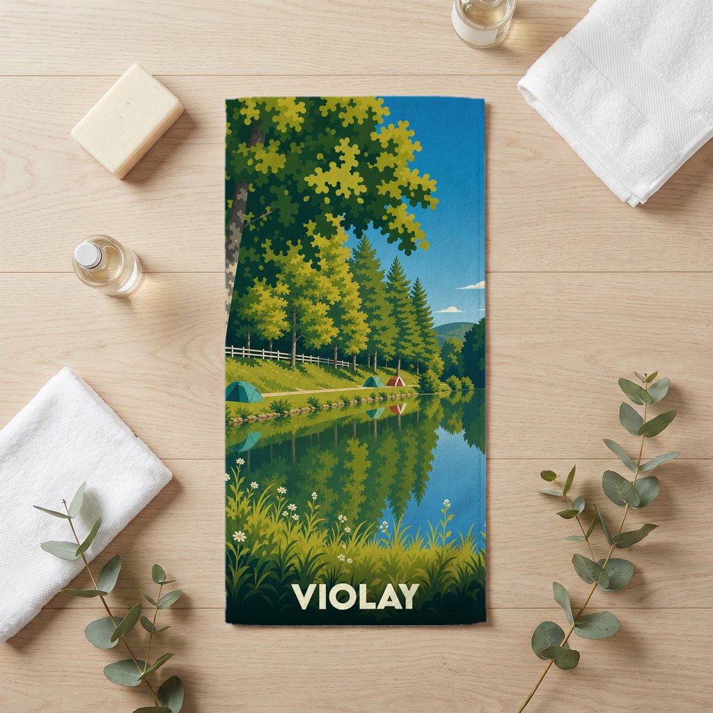 Serviette de bain souvenir de la ville de Violay avec une illustration de paysage naturel.