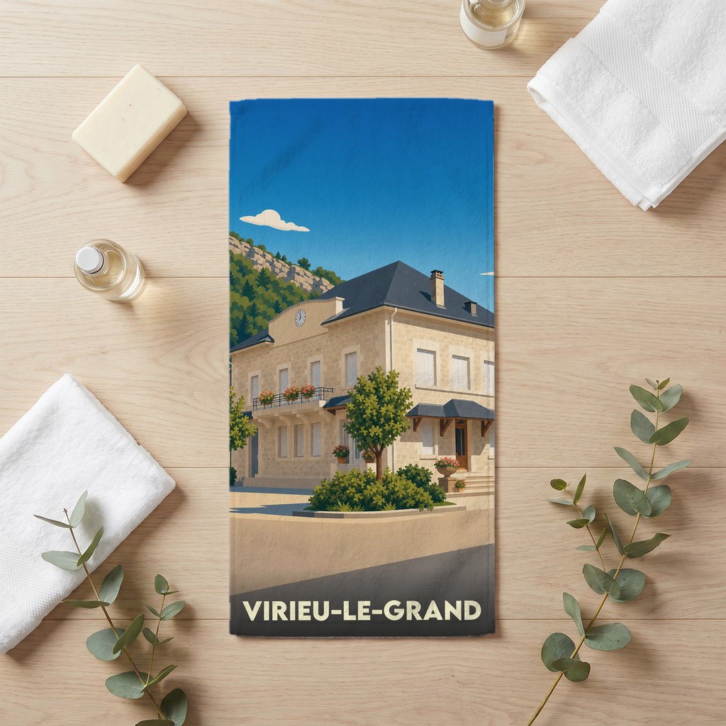 Serviette de bain souvenir de la ville de Virieu-le-Grand avec une illustration stylisée.
