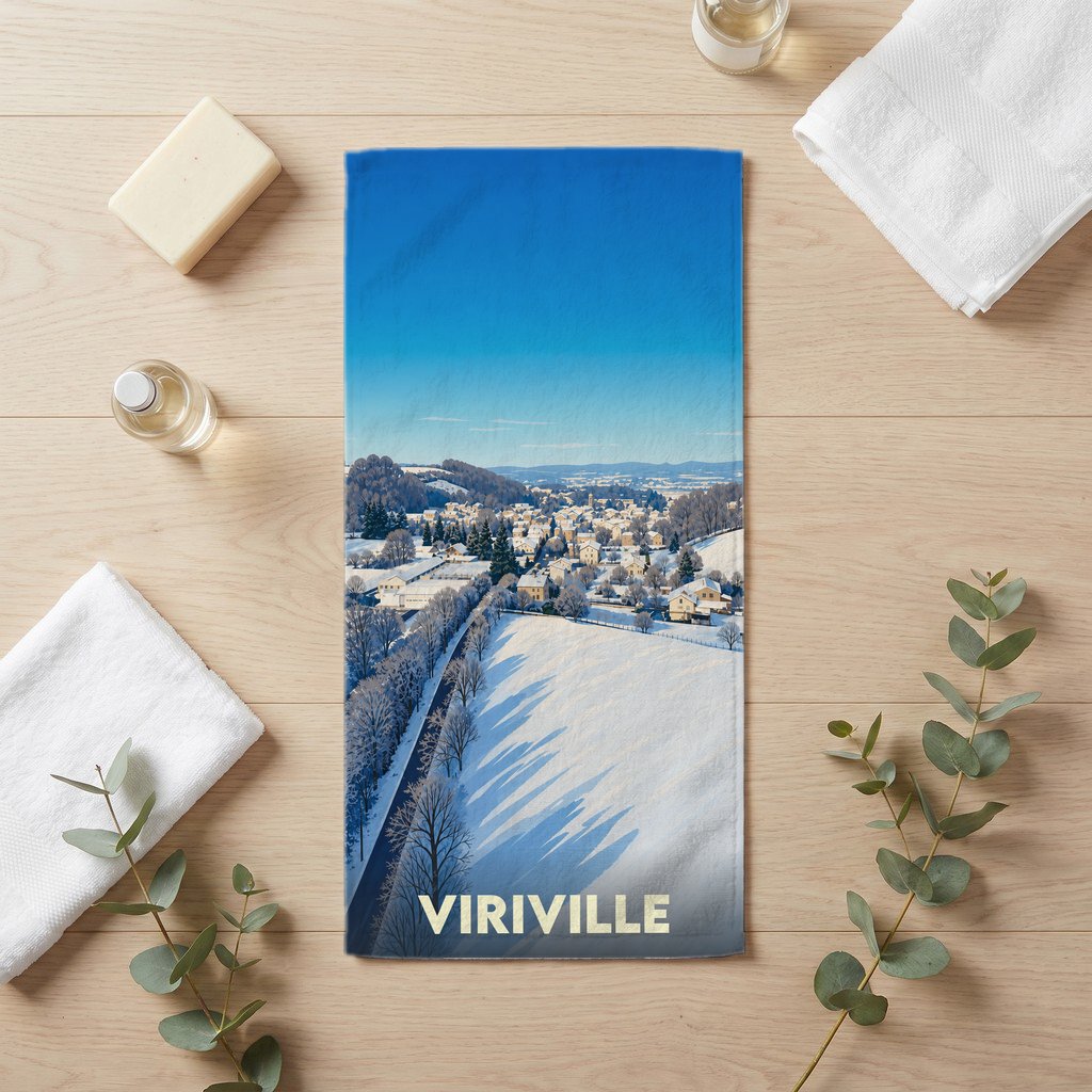 Serviette de bain souvenir de la ville de Viriville avec une illustration hivernale stylisée.