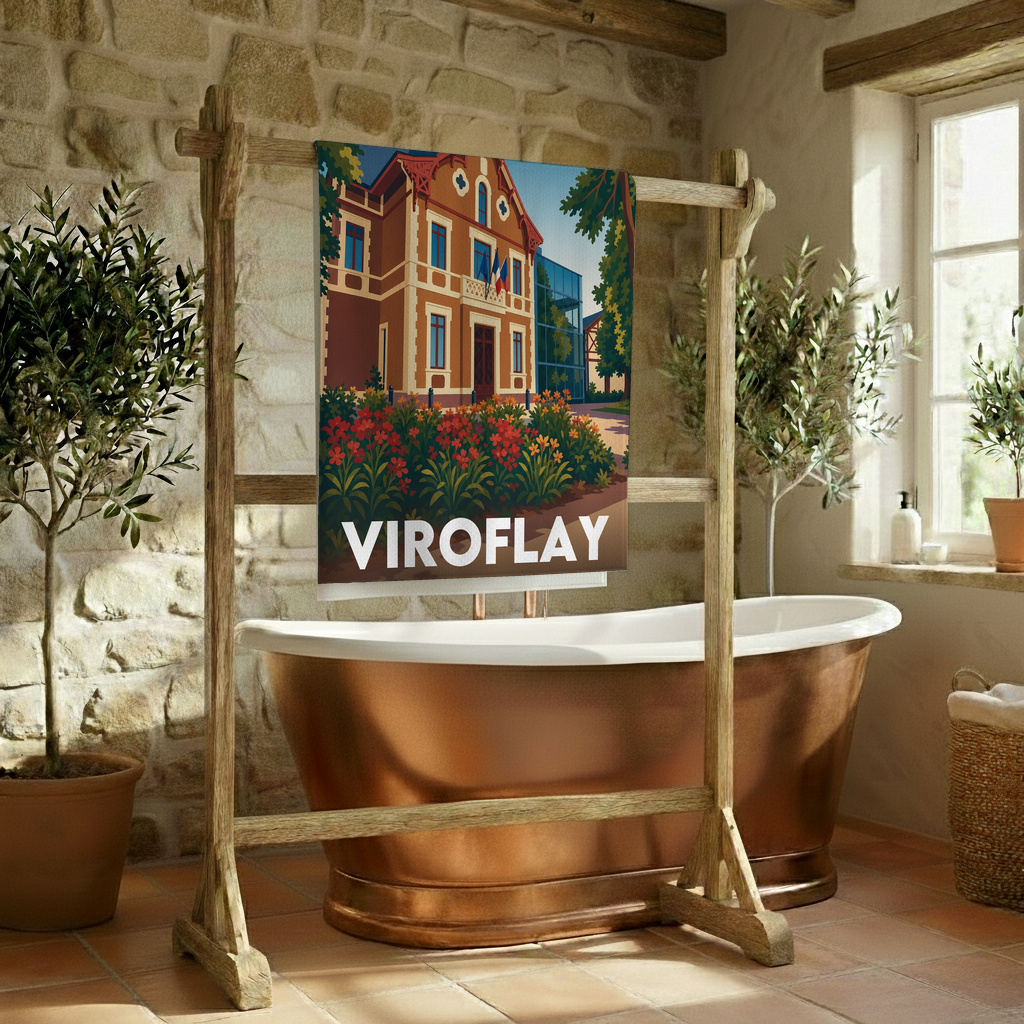 Serviette de bain souvenir de la ville de Viroflay avec une illustration stylisée de son architecture.