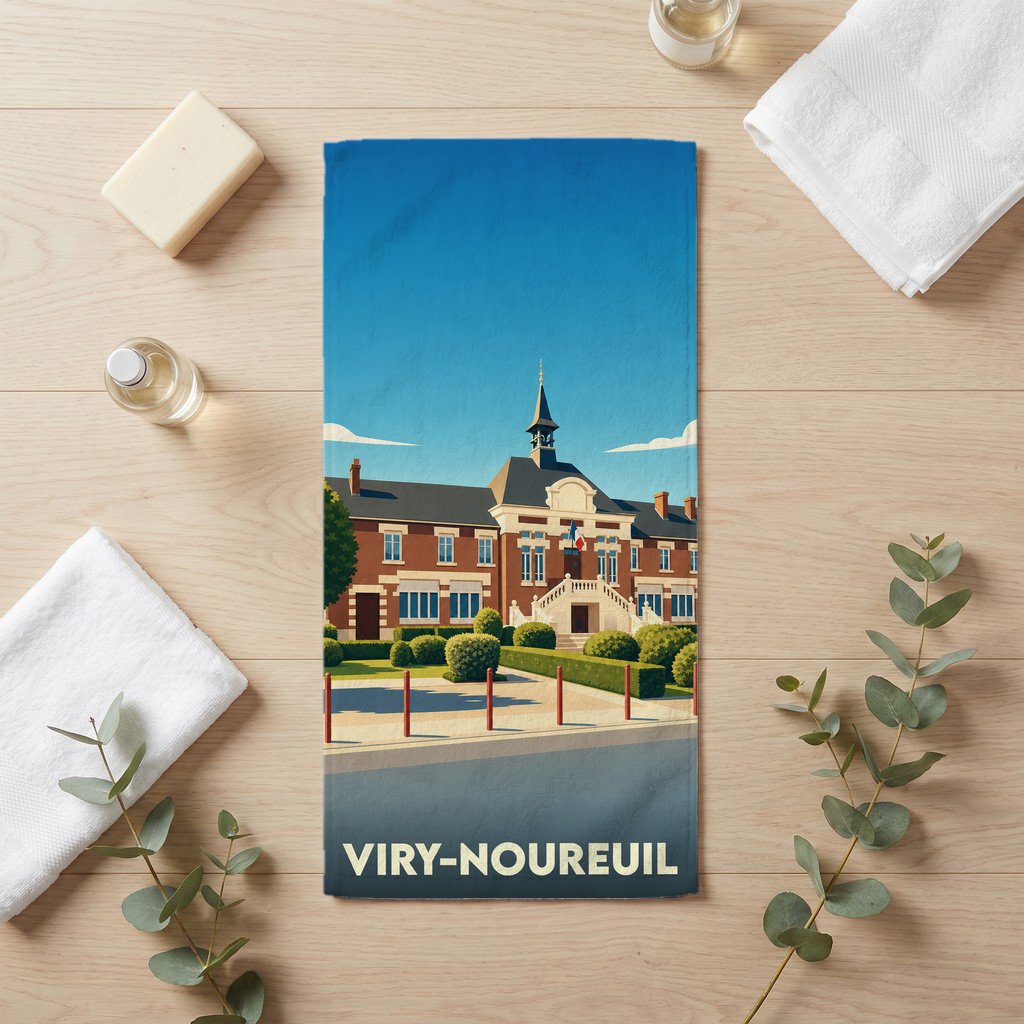 Serviette de bain souvenir de la ville de Viry-Noureuil avec une illustration stylisée de sa mairie.